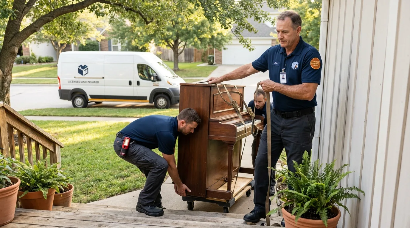 Licensed piano movers securing grand piano in Garwood, NJ