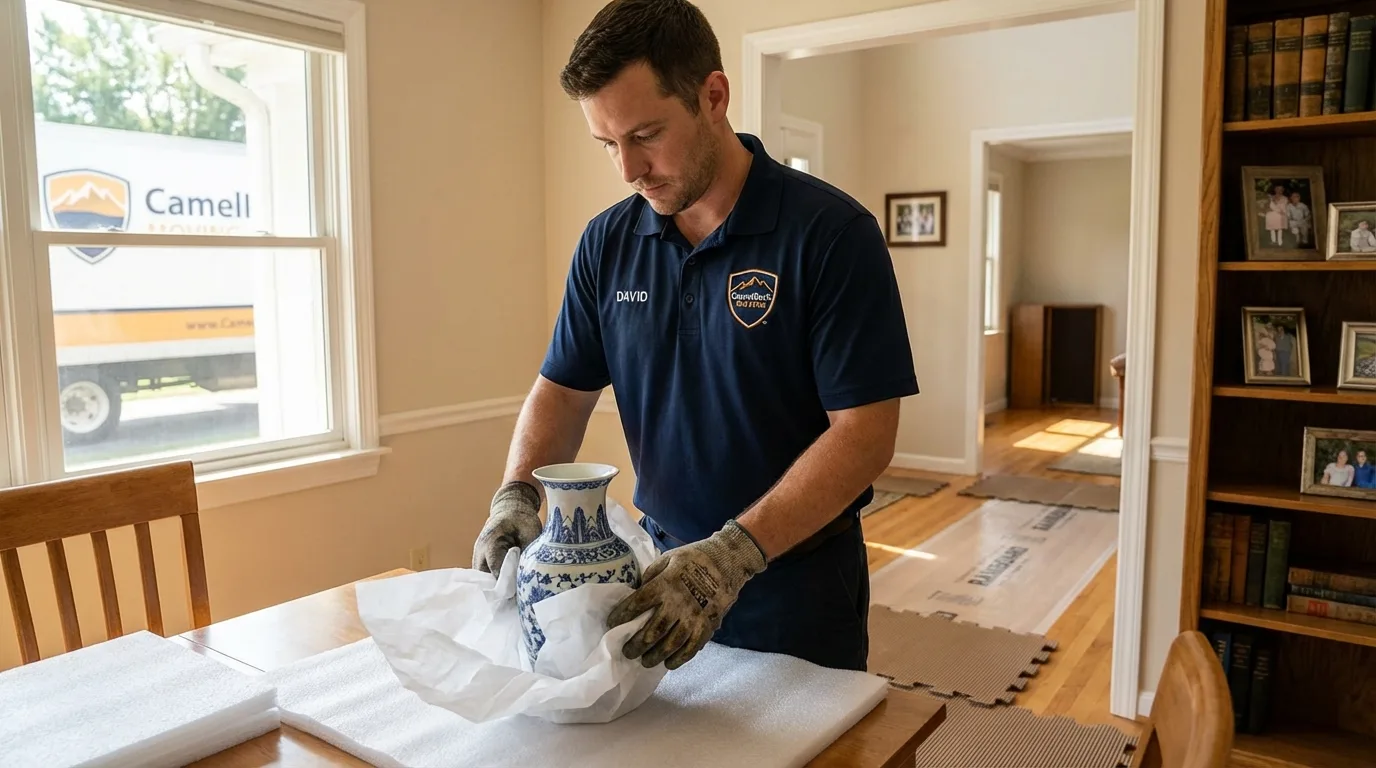 Professional crew carefully wrapping antique vase for senior downsizing move in Garwood, NJ
